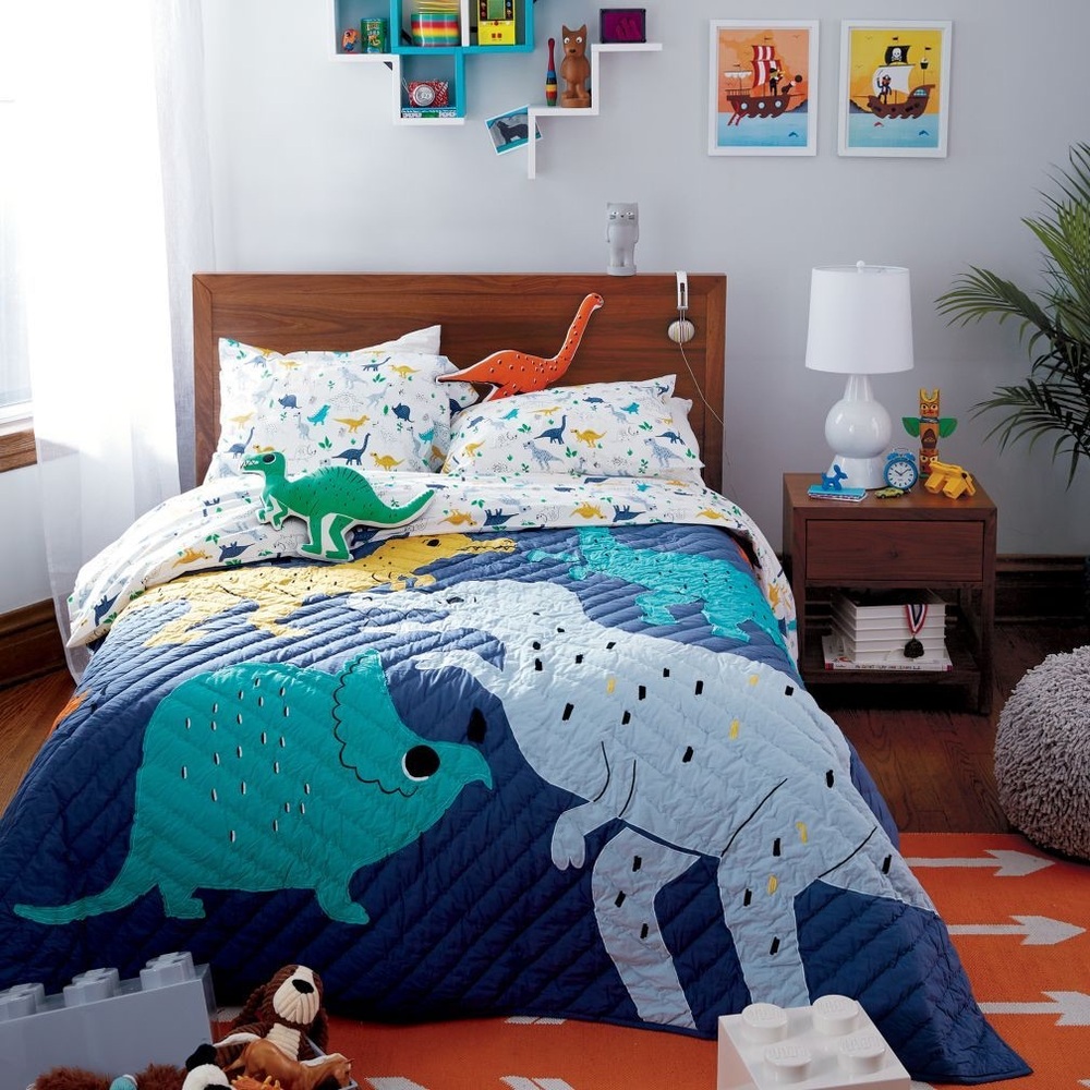 Crate&Barrel Dinosaur Quilt - Blue, White, and Green